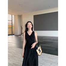 MULVAN v领无袖连衣裙女夏收腰a字蓬蓬裙复古气质长款背心裙