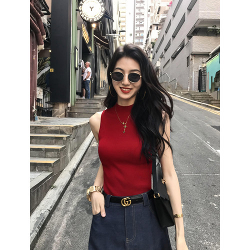 MULVAN 万人迷 复古港风半高领针织背心女外穿修身显瘦无袖上衣