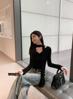 MULVAN“氛围美女”荡领/斜露肩/一字肩设计感上衣女修身气质t恤