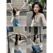 百搭高腰短款 MULVAN 上衣 针织衫 女v领套头打底衫 现货6折 长袖