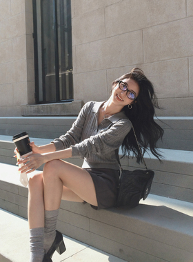 MULVAN 复古麻花polo针织衫女长袖外穿v领毛衣修身短款套头上衣