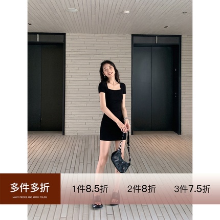 MULVAN 方领短袖连衣裙女收腰显瘦黑色针织短裙小个子修身包臀裙