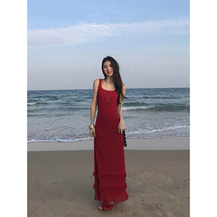 独特漂亮掐腰裙 MULVAN 度假风收腰背心裙子红色方领针织连衣裙女