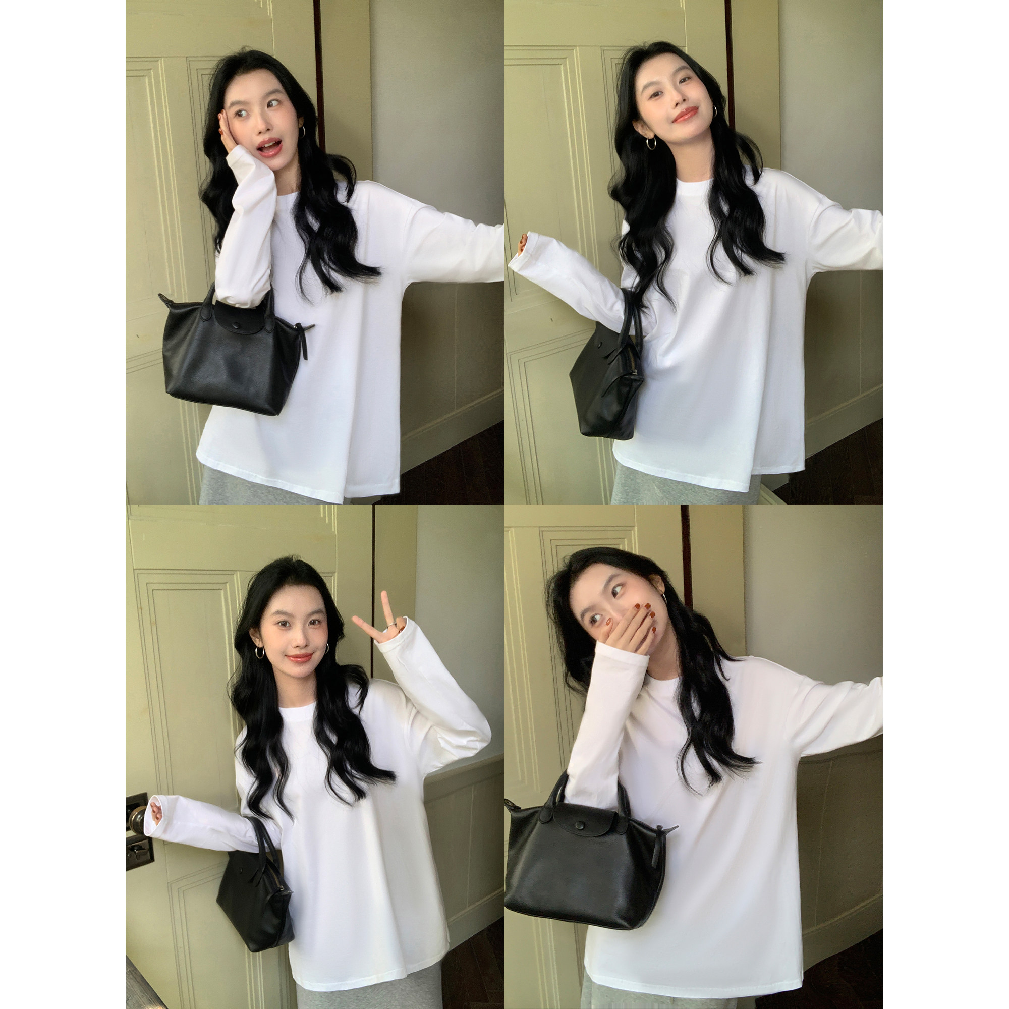 韩版落肩宽松圆领长袖T恤