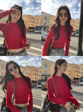 MULVAN 半高领针织麻花毛衣女秋冬修身显瘦长袖针织衫短款上衣