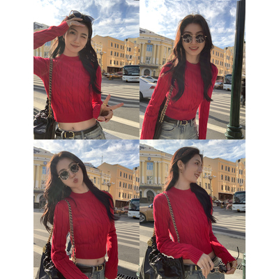 修身长袖毛衫绞花纹理