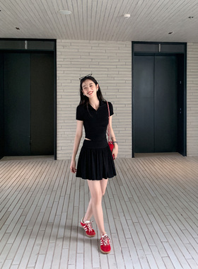 MULVAN 休闲polo黑色T恤上衣+高腰a字半裙防走光短裙纯欲气质套装