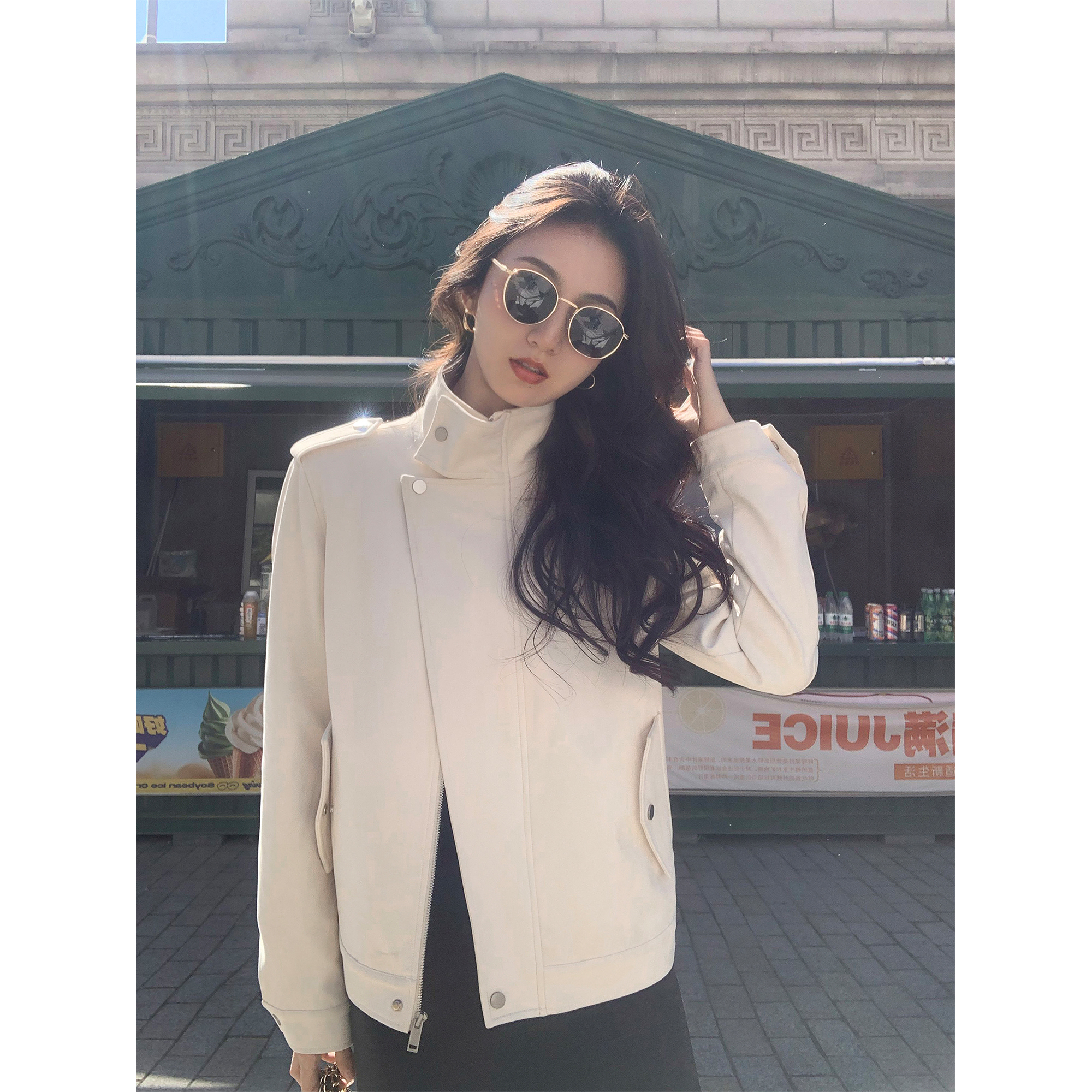 MULVAN 酷飒女主 廓形pu皮衣外套女复古麂皮绒立领宽松短款夹克