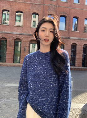 MULVAN 紫色圆领毛衣女秋冬慵懒风软糯气质宽松套头羊毛针织衫