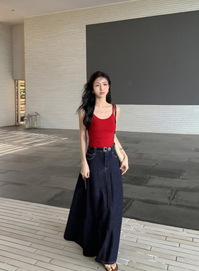 MULVAN 版型一绝 蓝色牛仔半身裙女复古A字伞裙高腰显瘦长裙子