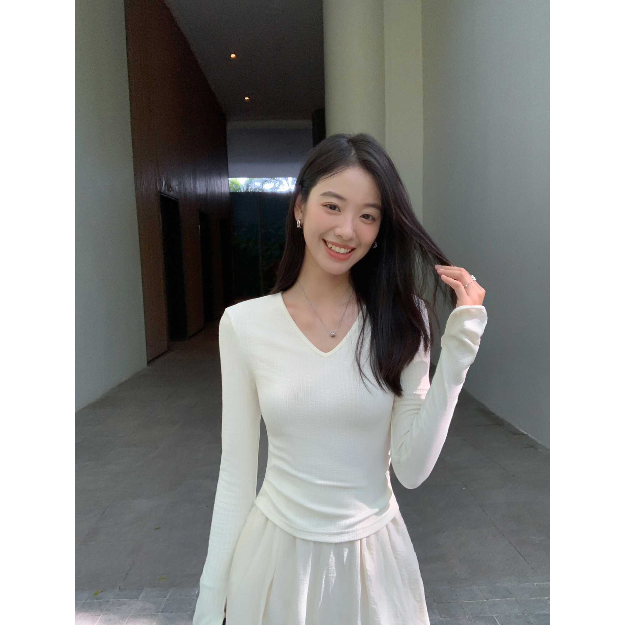 v领针织t恤女长袖打底衫上衣