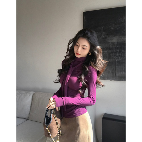MULVAN 日落公园 假两件高领绑带打底上衣女设计感抽褶修身针织衫