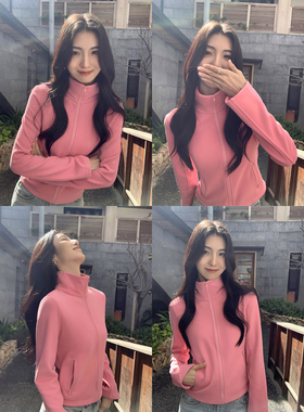 MULVAN 黑色短款修身加绒卫衣外套女秋冬气质微弹拉链开衫上衣