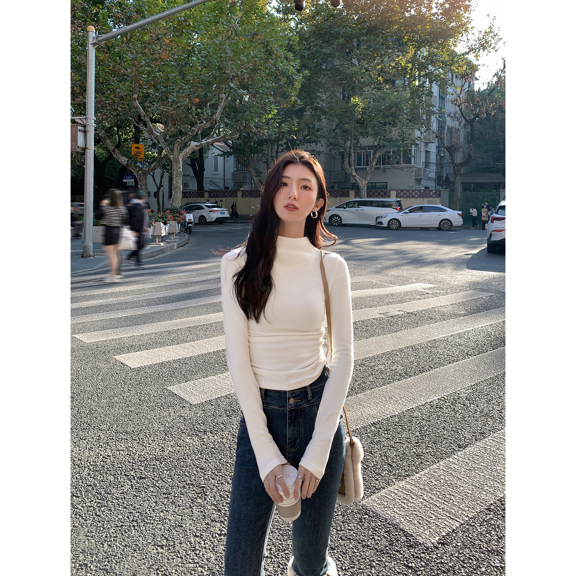 双面磨毛半高领针织T恤