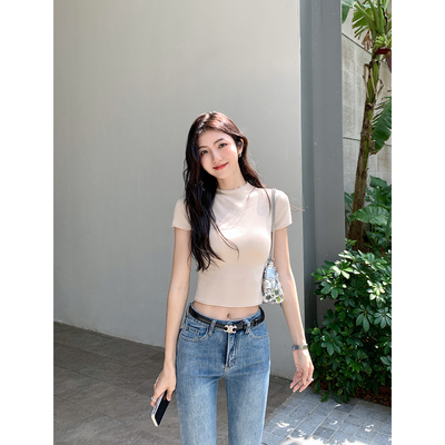 MULVAN 半高领天丝短袖针织衫女夏季修身高腰短款正肩t恤上衣