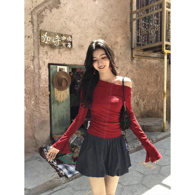 MULVAN  都市女神 chic韩系一字肩上衣女喇叭袖修身针织露肩t恤