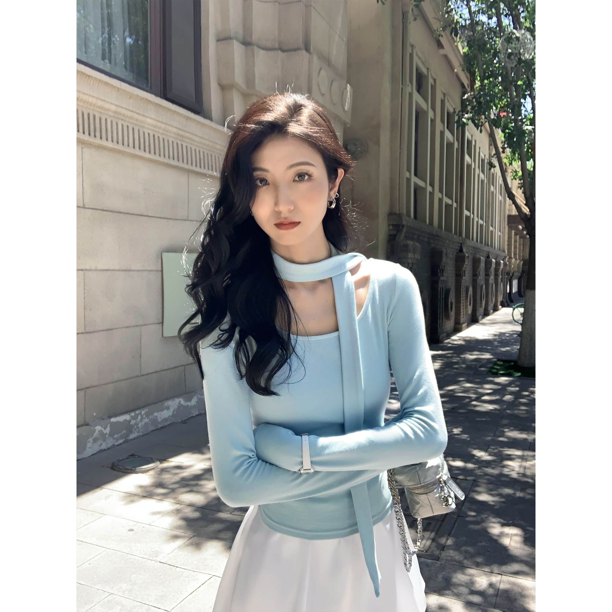 MULVAN 长袖大圆领t恤女秋新款修身设计感内搭打底针织衫上衣
