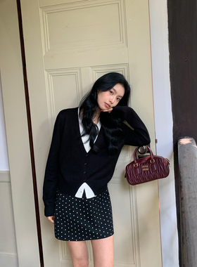 MULVAN 秋冬灰色波点半身裙女复古高腰一步裙小个子显瘦包臀短裙