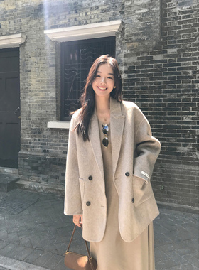 MULVAN【现货7折】1OO羊毛双面呢大衣女宽松气质毛呢西装外套