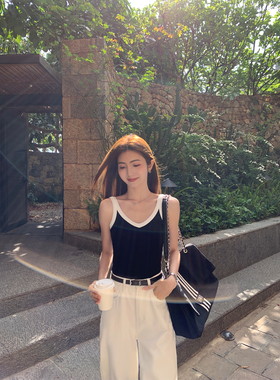 MULVAN 撞色带胸垫v领针织吊带背心女外穿修身设计感小众短款上衣