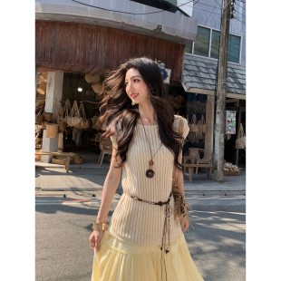 短袖 MULVAN 女配腰带防晒罩衫 度假风镂空圆领针织衫 上衣 云舒风浅