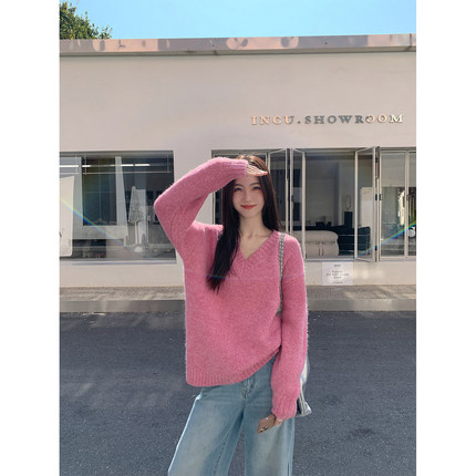 MULVAN 灰色高级感v领毛衣女秋冬慵懒宽松百搭套头针织衫上衣