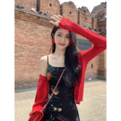 女夏季 针织开衫 防晒小外套披肩外穿上衣 红色V领薄款 MULVAN