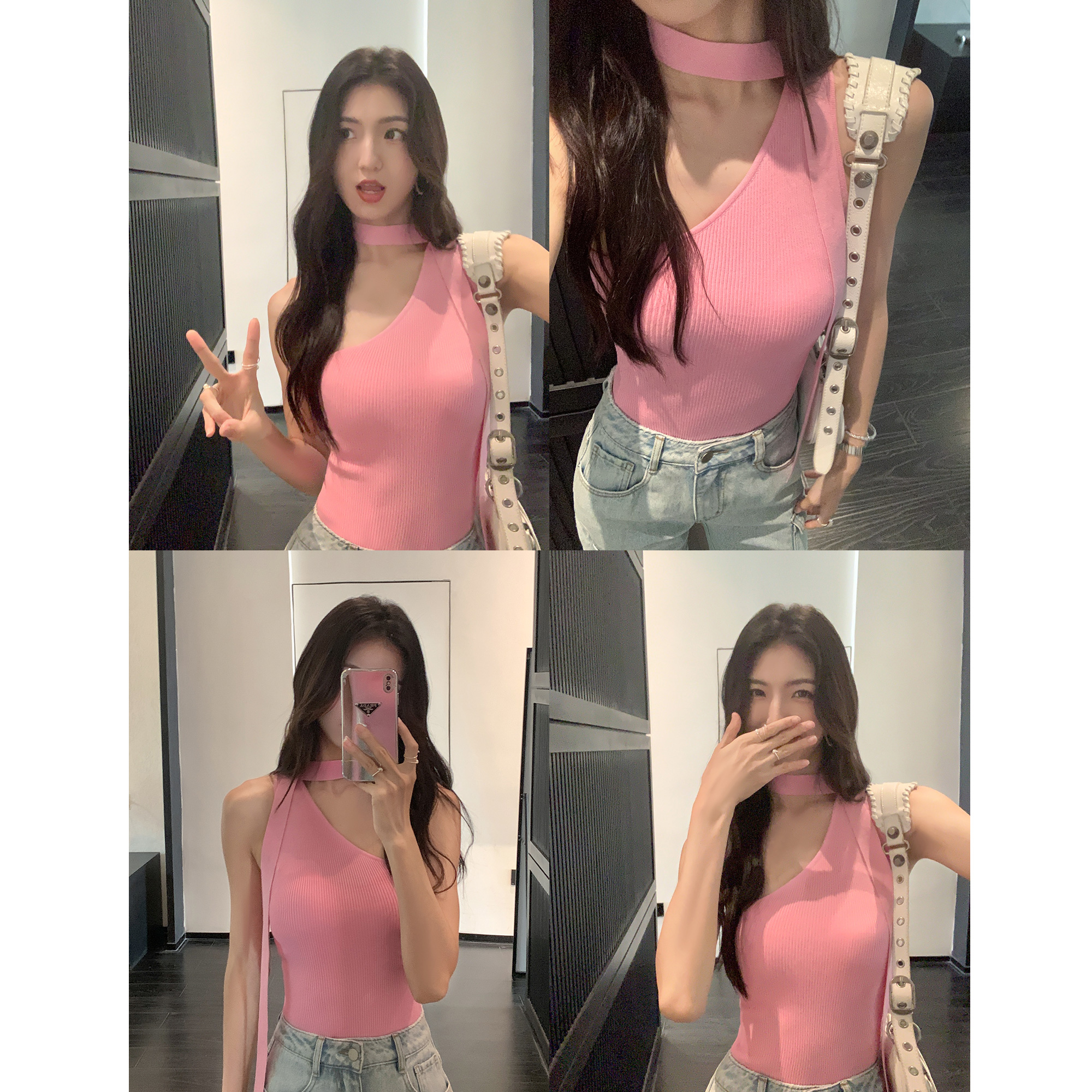 系带斜肩背心修身弹力上衣