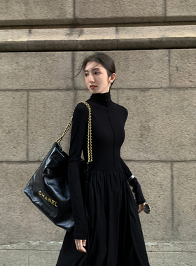 MULVAN 【现货6.5折】高领针织连衣裙女加厚秋冬气质收腰过膝裙子