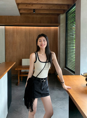 MULVAN 带胸垫白色针织背心女夏季纯色弹力修身无袖吊带上衣