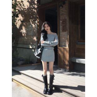 显瘦小个子毛衣包臀短裙 修身 MULVAN 一字肩针织连衣裙女秋冬长袖