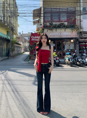MULVAN 美腿滤镜 复古蓝高腰微喇牛仔裤女修身显瘦喇叭裤拖地长裤