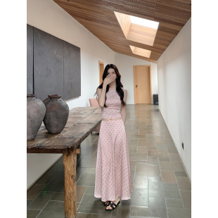 上衣高腰a字缎面半身裙气质套装 无袖 夏 波点吊带女修身 MULVAN