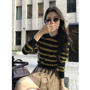 长袖 MULVAN 撞色条纹polo衫 美式 T恤女宽松复古通勤上衣 曼城假日
