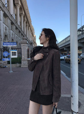 MULVAN【现货7折】 酷飒女主 廓形pu皮衣外套女麂皮绒短款夹克