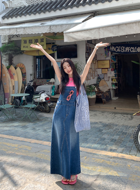 MULVAN 复古牛仔背带裙女夏新款收腰休闲显瘦开叉长款连衣裙