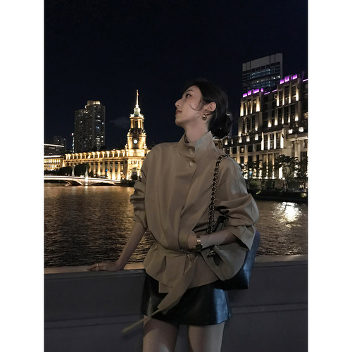 MULVAN 首尔假日  韩系立领廓形短款风衣外套女英伦风H型收腰上衣