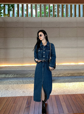 MULVAN【现货7折】蓝色牛仔连衣裙女复古开叉宽松直筒中长裙子