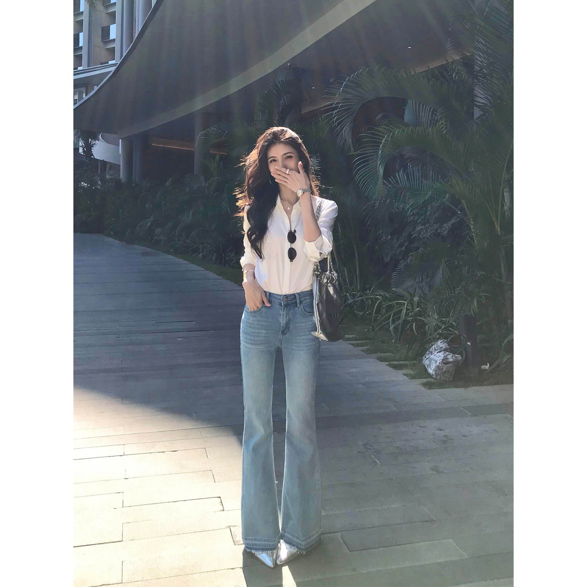 MULVAN 超模攻略 浅蓝色散边微喇牛仔裤女休闲直筒修身喇叭长裤子