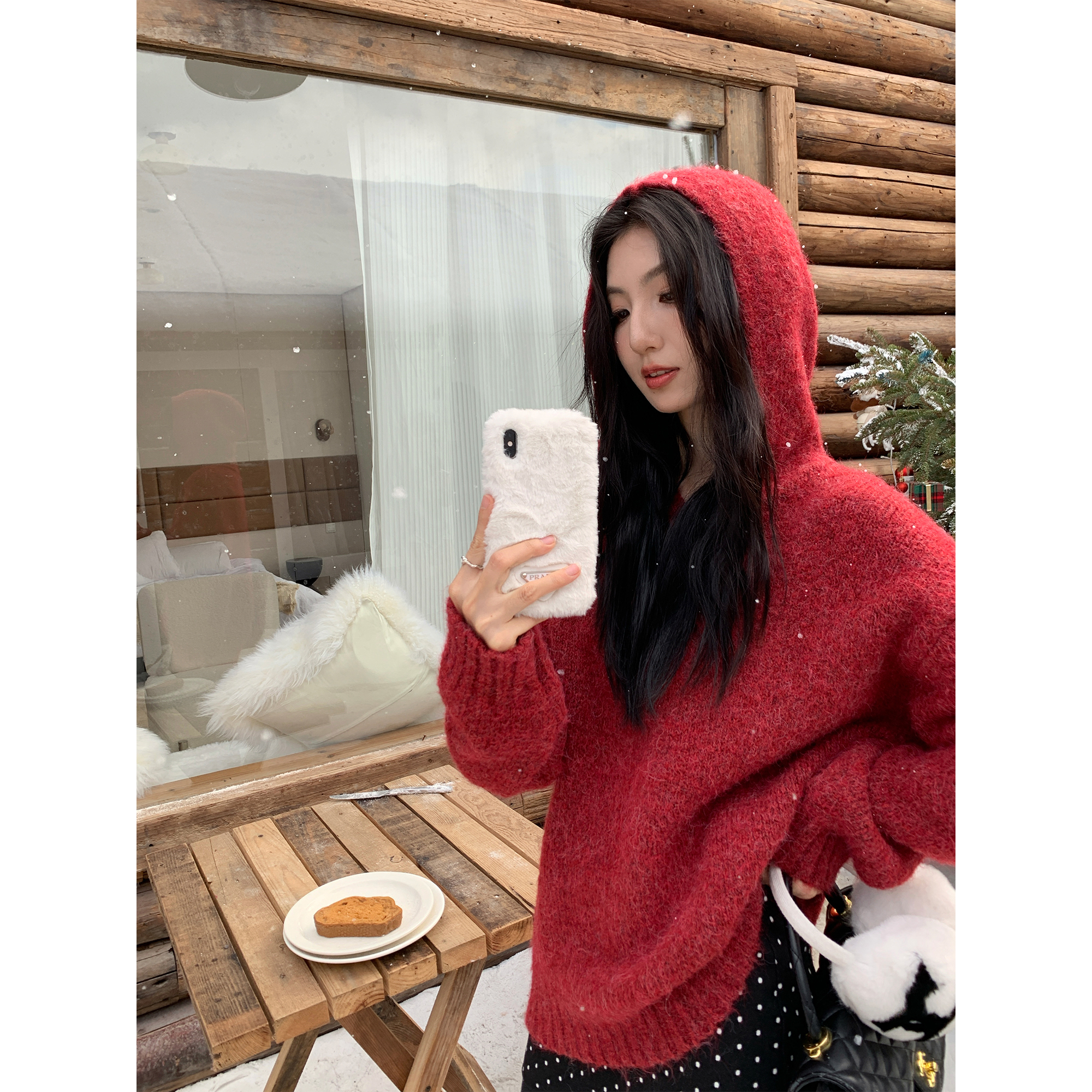 红色连帽圣诞毛衣女慵懒风针织衫