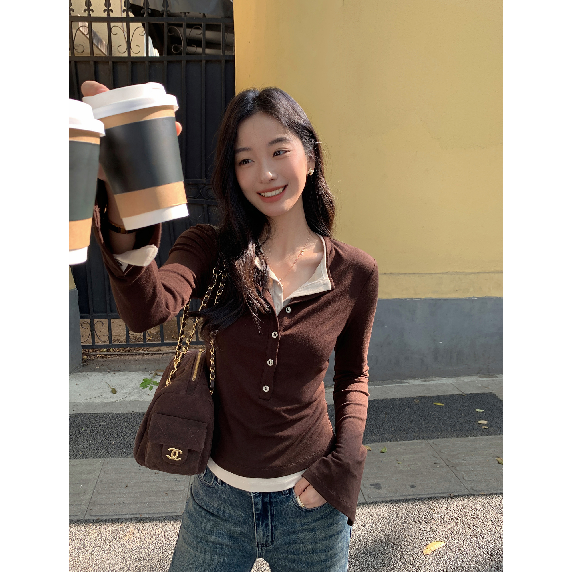 MULVAN 秋日美式 撞色假两件V领针织衫女设计感修身内搭打底上衣