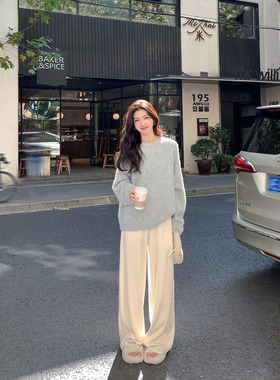 MULVAN【现货7折】针织阔腿裤女宽松卫裤休闲垂感直筒拖地长裤