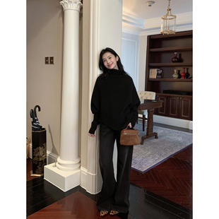 MULVAN【现货7.5折】 复古黑色宽松牛仔裤女高腰阔腿直筒裤