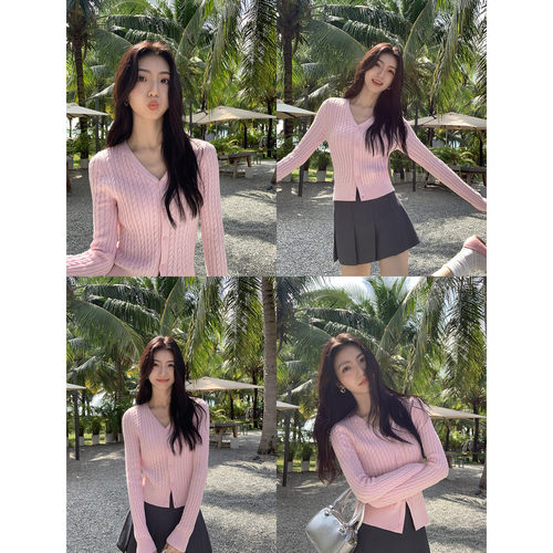 经典小V领麻花开衫修身显瘦