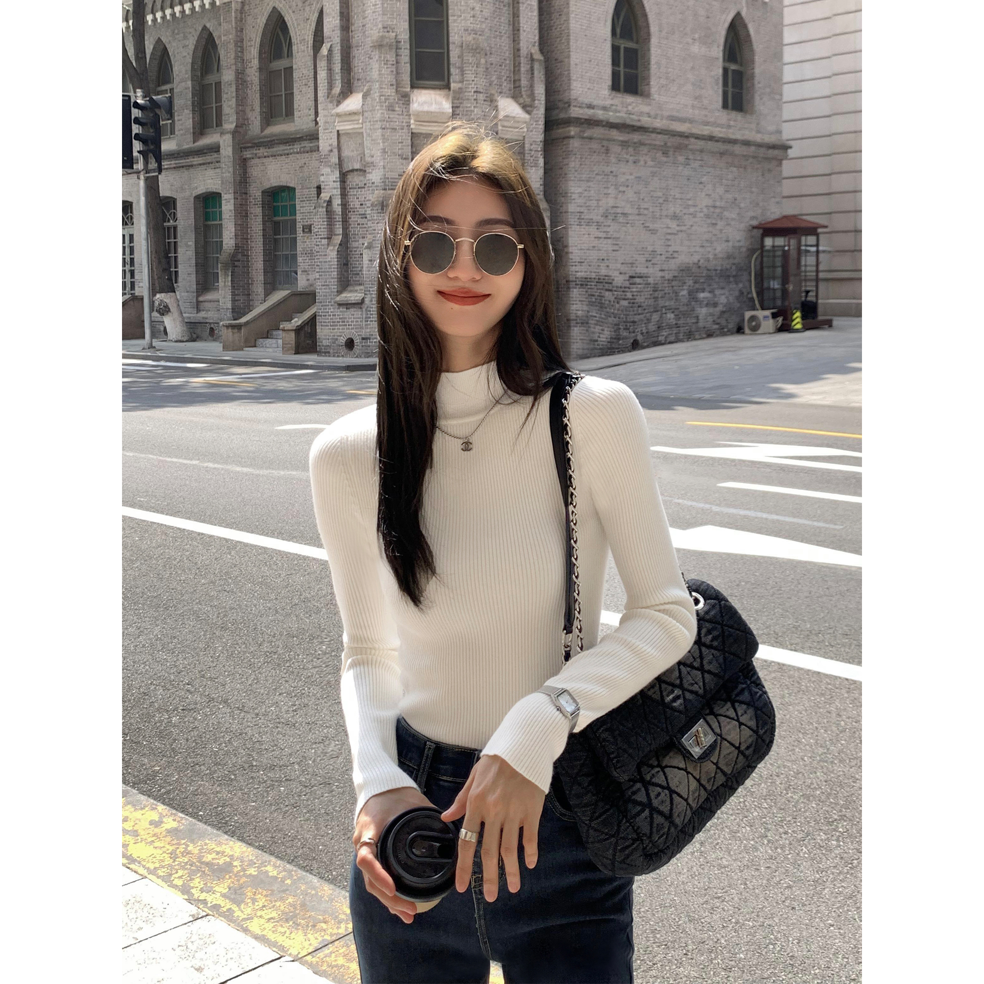 MULVAN  黑色半高领针织衫女秋冬套头内搭打底衫修身显瘦上衣