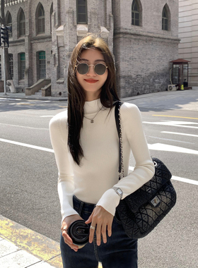 MULVAN  半高领长袖针织衫女秋冬套头内搭打底衫修身显瘦上衣