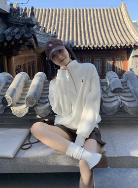 MULVAN 白色半拉链立领卫衣女秋季宽松休闲套头时尚百搭长袖上衣