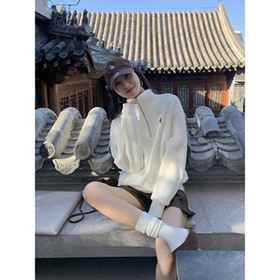 百搭长袖 宽松休闲套头时尚 上衣 白色半拉链立领卫衣女秋季 MULVAN