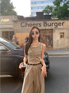 MULVAN 复古条纹背心吊带女夏辣妹修身显瘦短款针织无袖外穿上衣