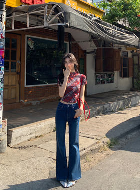 MULVAN 显腿直~蓝色牛仔裤女复古韩系弹力修身显瘦直筒裤微喇裤